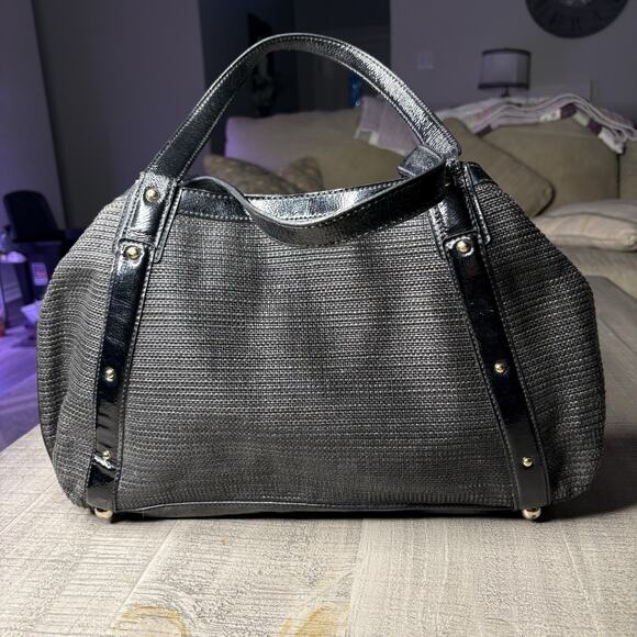 Y2K BANANA REPUBLIC Handbag Woven Faux Patent Leather Trim Black 16X9X3.5” - Picture 1 of 5